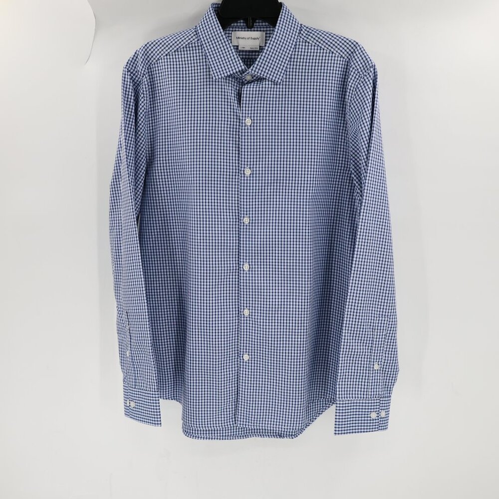 Ministry Of Supply Shirt Mens Large Blue Check Slim Fit Recycled poly Button Up - Picture 2 of 12